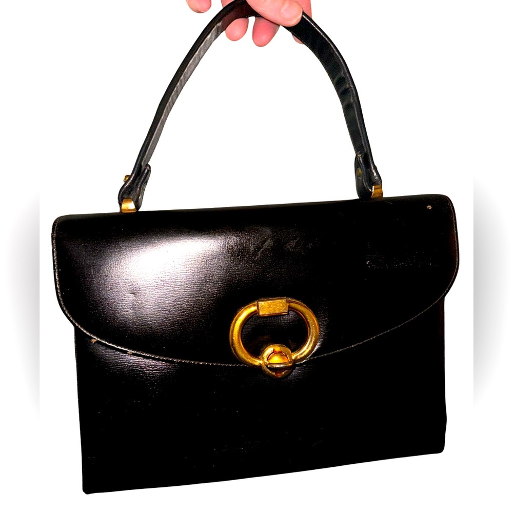 Vintage MCM 1950s Black Dobbies Handbag Purse with gold turn lock